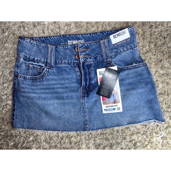 Rewash Dresses & Skirts - Rewash Brand Denim Micro Mini Skirt Medium Wash Frayed Hem Size 7 NWT Y2K Style